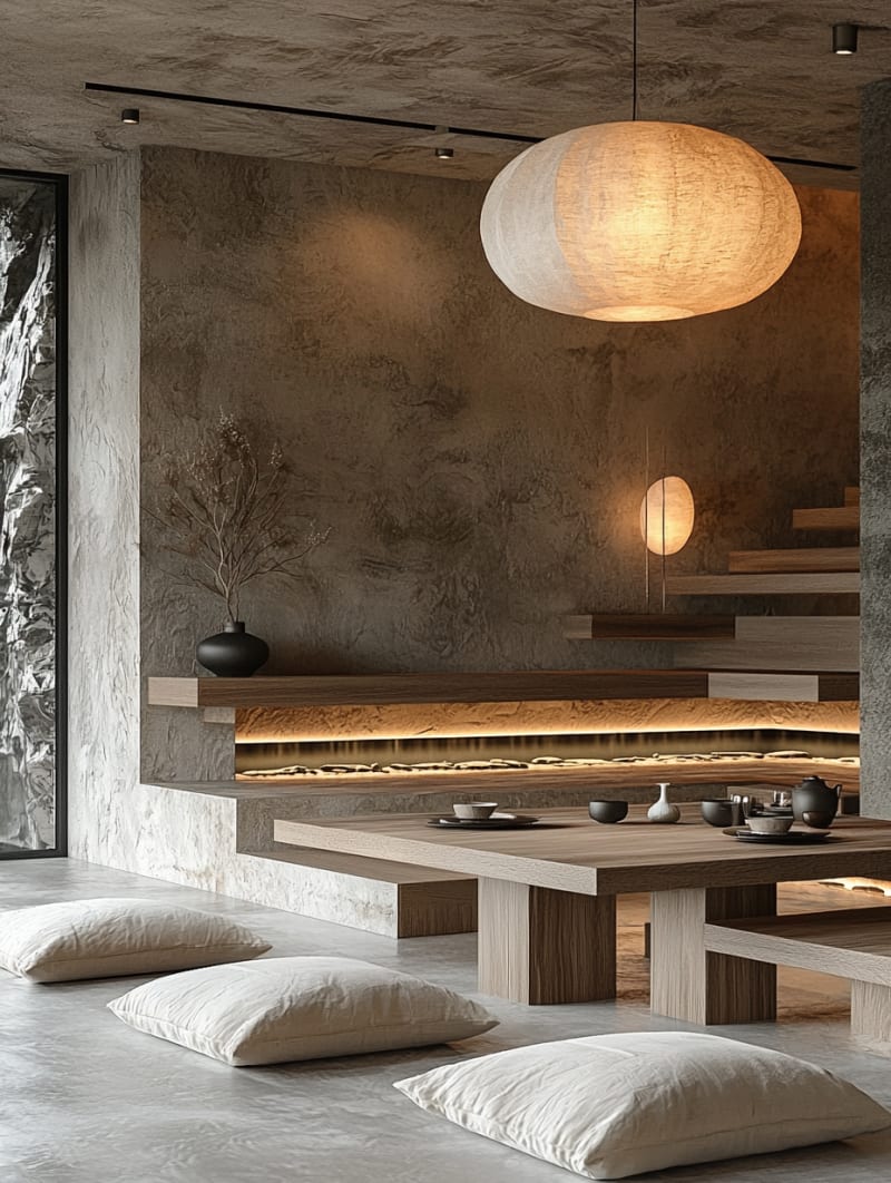 Modern Japanese dining room with textured concrete walls, oversized paper lantern pendant light, low wooden dining table and white floor cushions