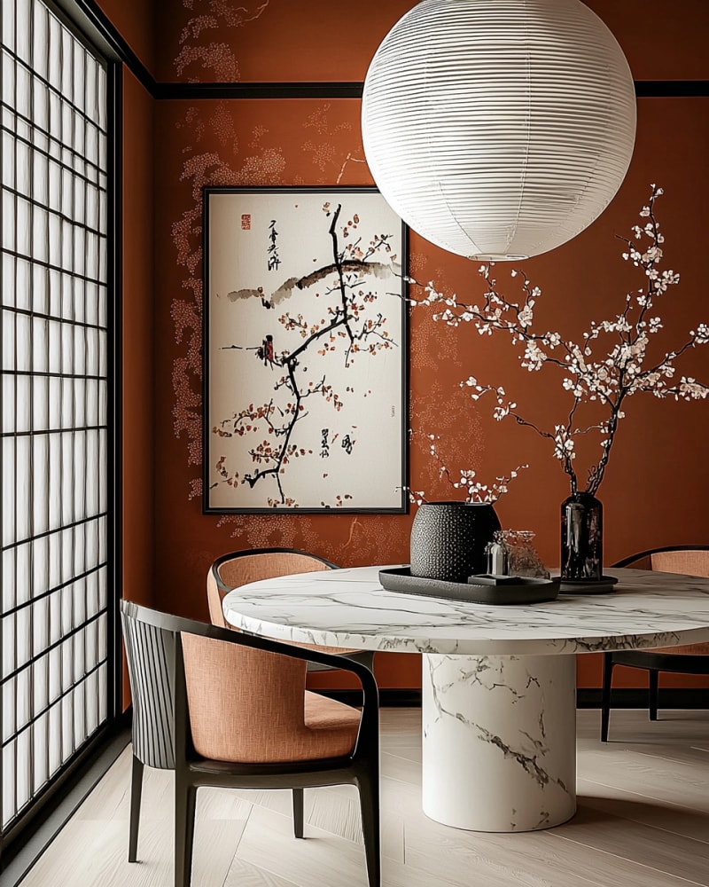 Minimalist Japanese dining room with marble table, cherry blossom artwork, shoji screen, and paper lantern