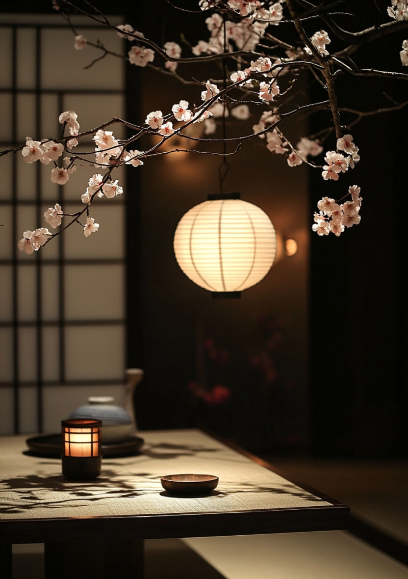 Minimalist Japanese dining space with cherry blossom branches, paper lantern, and traditional shoji screen backdrop