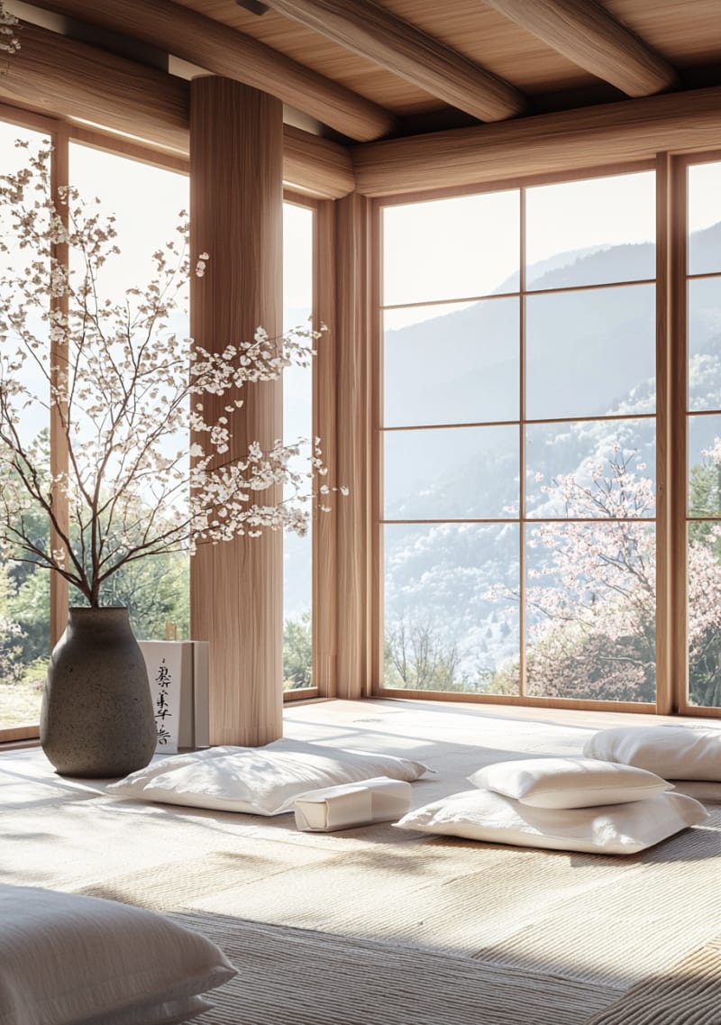 Japanese zen meditation room with white floor cushions, wooden interior and panoramic mountain landscape view
