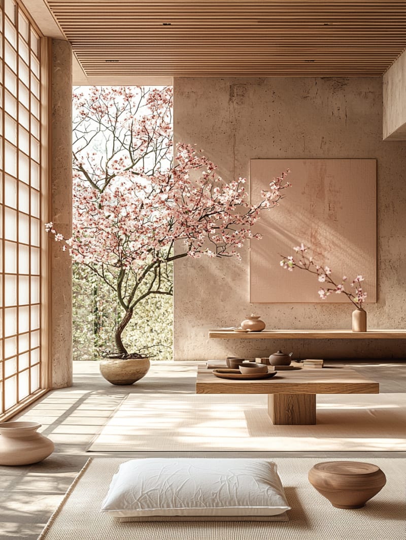 Japanese meditation room with cherry blossom bonsai, shoji screens and wooden tea table