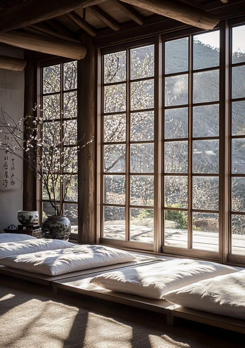 Japanese zen meditation room with white floor cushions and expansive mountain landscape view