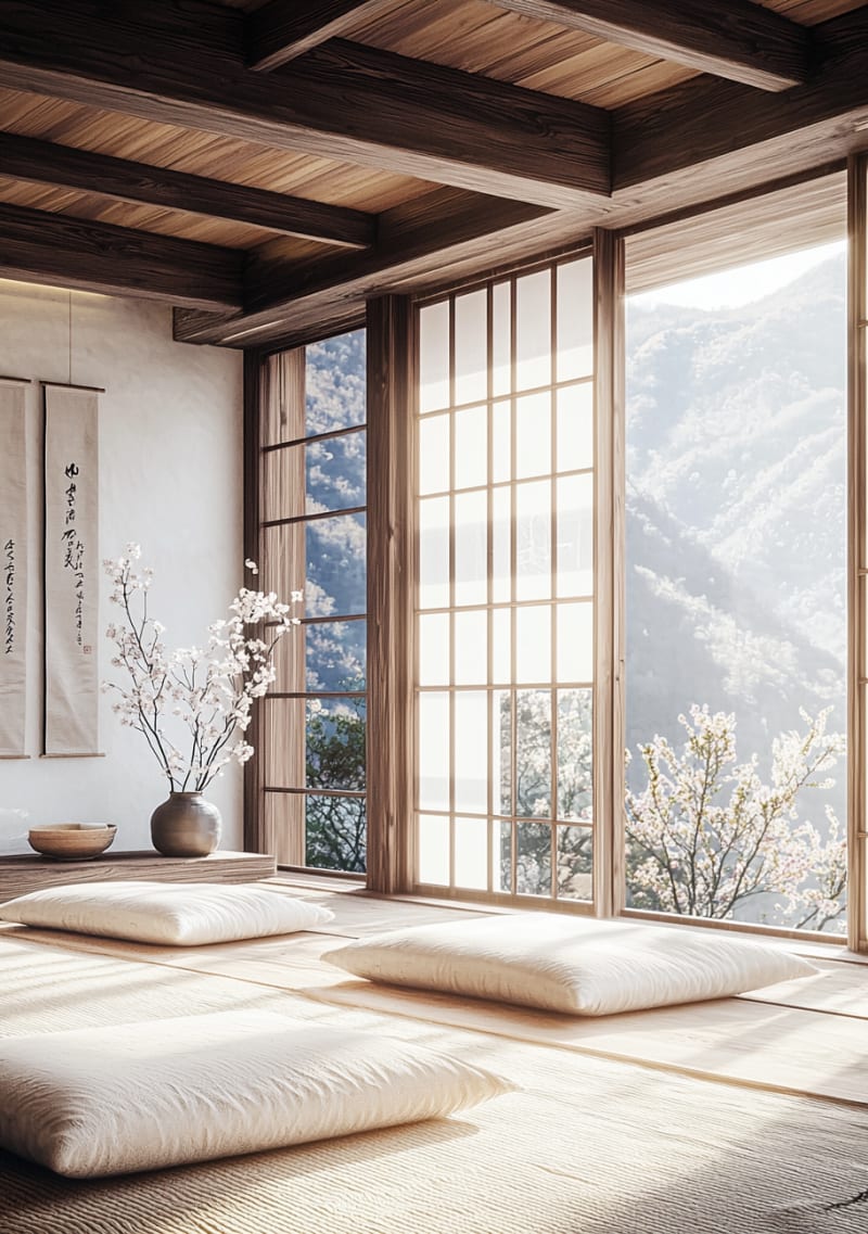 Minimalist Japanese meditation room with white floor cushions and expansive mountain landscape view