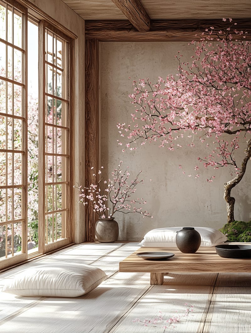 Japanese zen meditation space with floor cushions, wooden table and cherry blossom tree by large windows