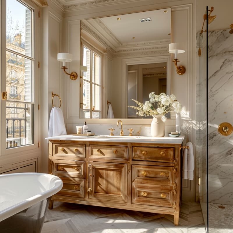 Luxurious French bathroom with antique wooden vanity, marble floors, brass fixtures, and natural light streaming through tall windows