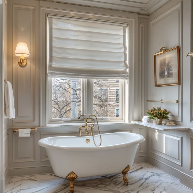 Luxurious French bathroom with clawfoot tub, marble floors, brass fixtures, and large window overlooking city trees