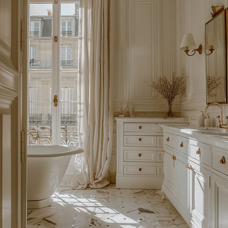 Luxurious French bathroom with freestanding tub, marble floors, brass hardware, and floor-length curtains bathed in natural light