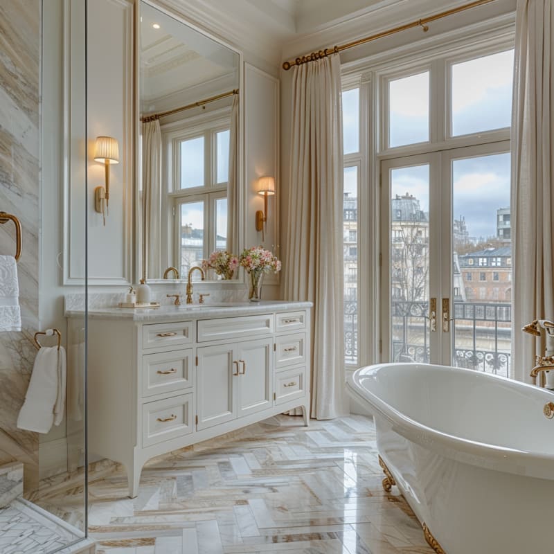 Luxurious French bathroom with freestanding tub, marble herringbone floors, brass fixtures, and floor-to-ceiling windows overlooking Paris