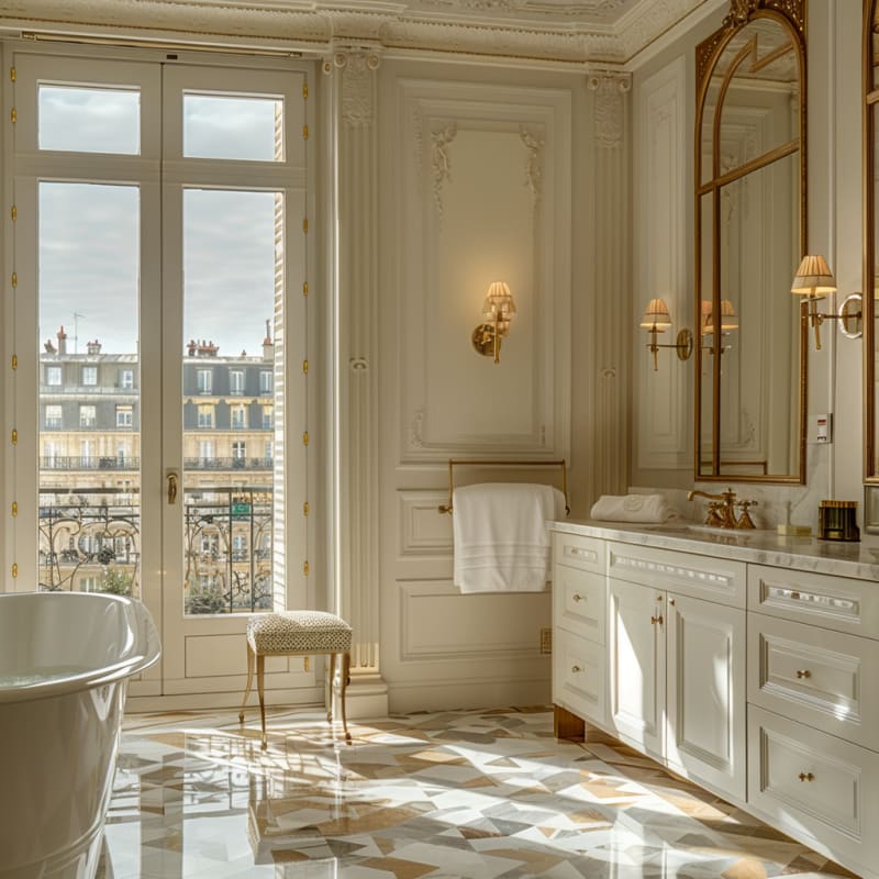Luxurious French bathroom with geometric marble floors, brass fixtures, freestanding tub, and Parisian balcony views