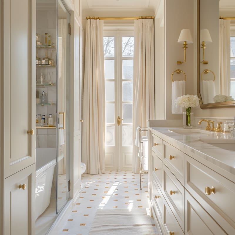 Luxurious French bathroom with marble floors, brass hardware, built-in storage, and floor-to-ceiling windows with flowing curtains