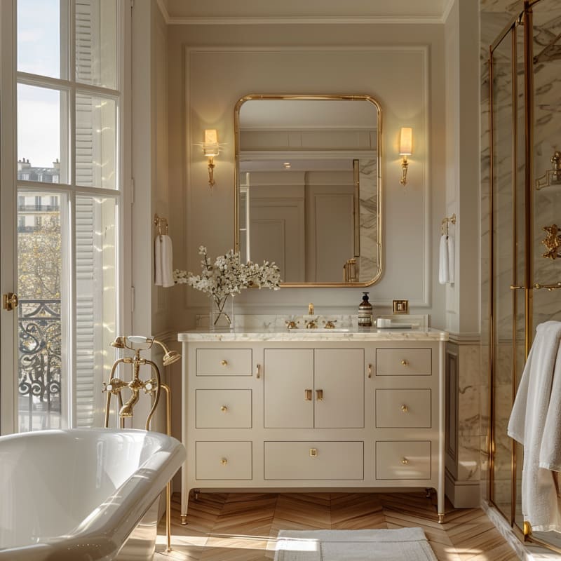 Luxurious French bathroom with marble vanity, gold hardware, herringbone floors, and elegant freestanding tub in natural light