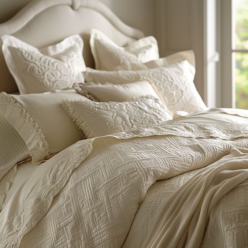 Luxurious French bedroom featuring cream quilted bedding embroidered pillows curved headboard natural light and romantic details