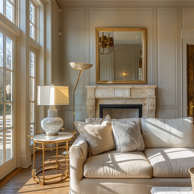 Luxurious living room corner with carved limestone fireplace, gold accents, and sunlit French windows featuring elegant transitional furniture