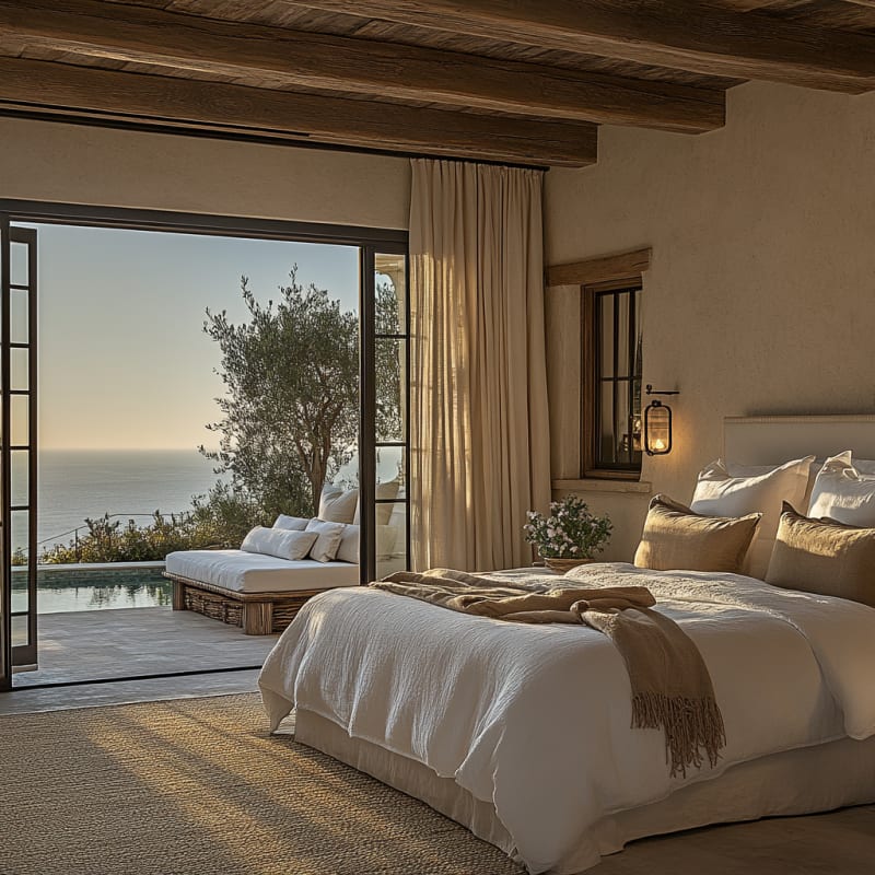 Luxurious Mediterranean bedroom with ocean view, private terrace, exposed wooden beams, and natural textures in warm sunset light