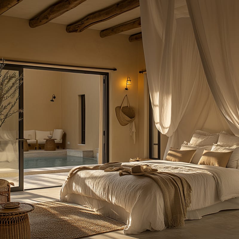 Luxurious Mediterranean bedroom with poolside access, exposed wooden beams, sheer curtains, and natural textures in warm sunlight