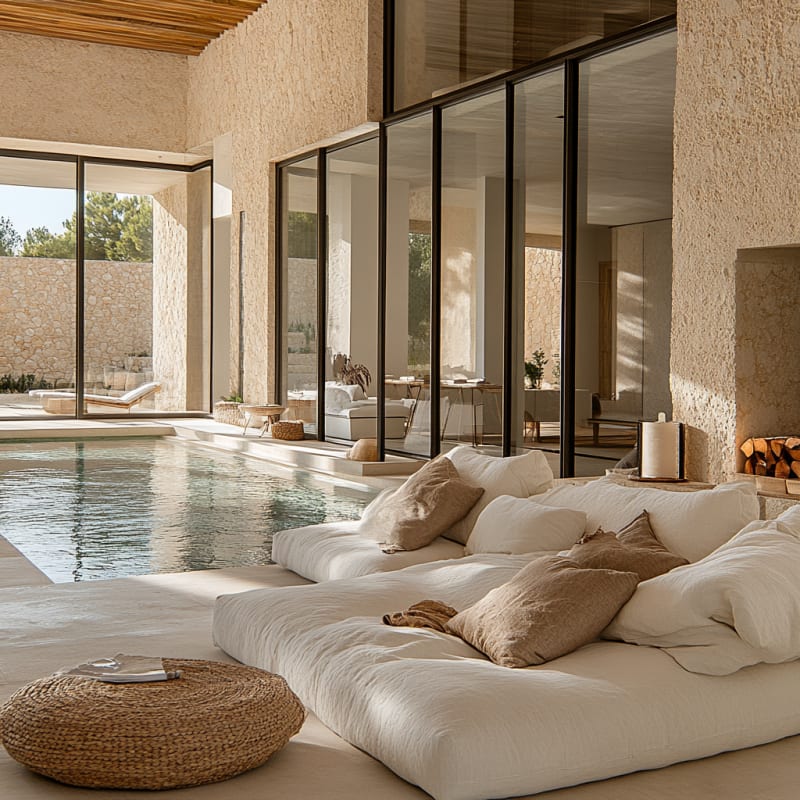 Luxurious Mediterranean indoor pool lounge with floor-to-ceiling windows, textured walls, and oversized linen daybeds