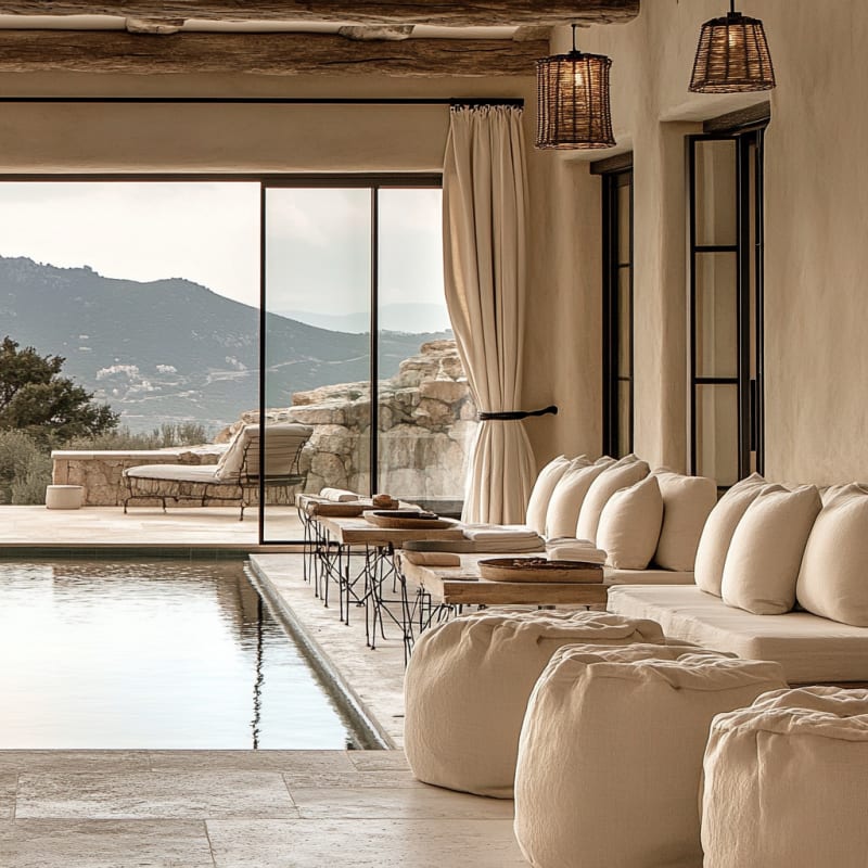 Luxurious Mediterranean indoor pool lounge with mountain views, rustic beams, and oversized linen seating in neutral tones