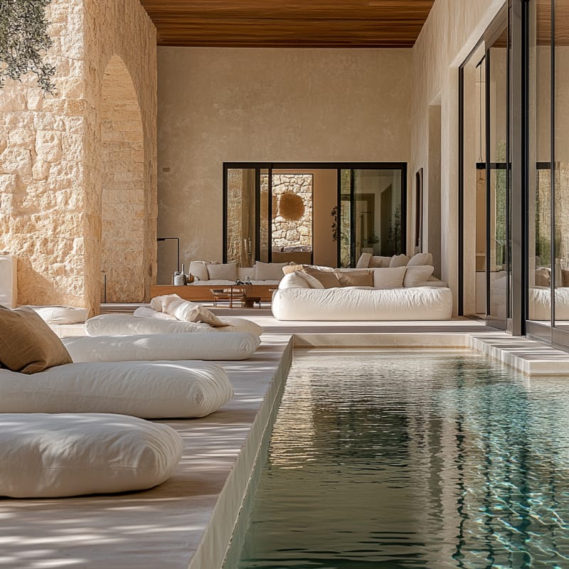 Luxurious Mediterranean indoor pool lounge with stone walls, cloud-like seating, and natural sunlight streaming through glass walls