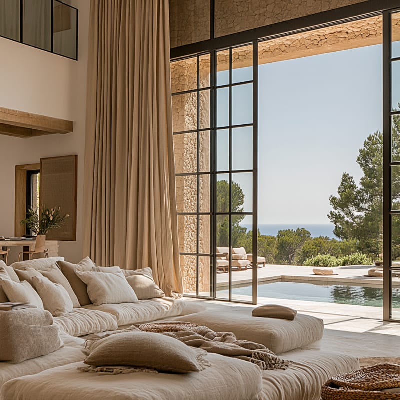 Luxurious Mediterranean villa living room with floor-to-ceiling windows overlooking infinity pool and sea view, featuring oversized linen sofa and natural stone walls