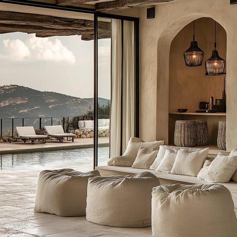 Luxurious Mediterranean villa living room with infinity pool, mountain views, rustic beams, and organic modern furniture