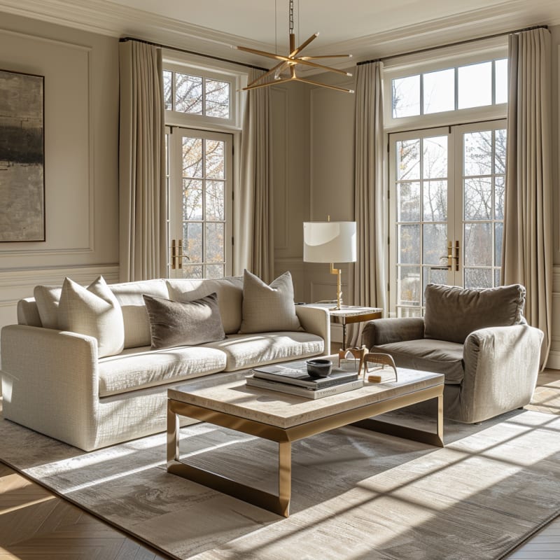 Luxurious neutral living room with floor-to-ceiling windows, brass chandelier, and contemporary furniture bathed in natural light
