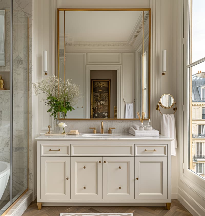 Luxurious Parisian bathroom vanity with marble countertop, brass hardware, and oversized gold mirror, featuring classical moldings