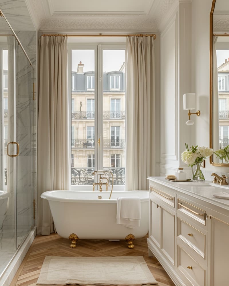 Luxurious Parisian bathroom with clawfoot tub, brass fixtures, marble shower, and classic vanity overlooking French balconies