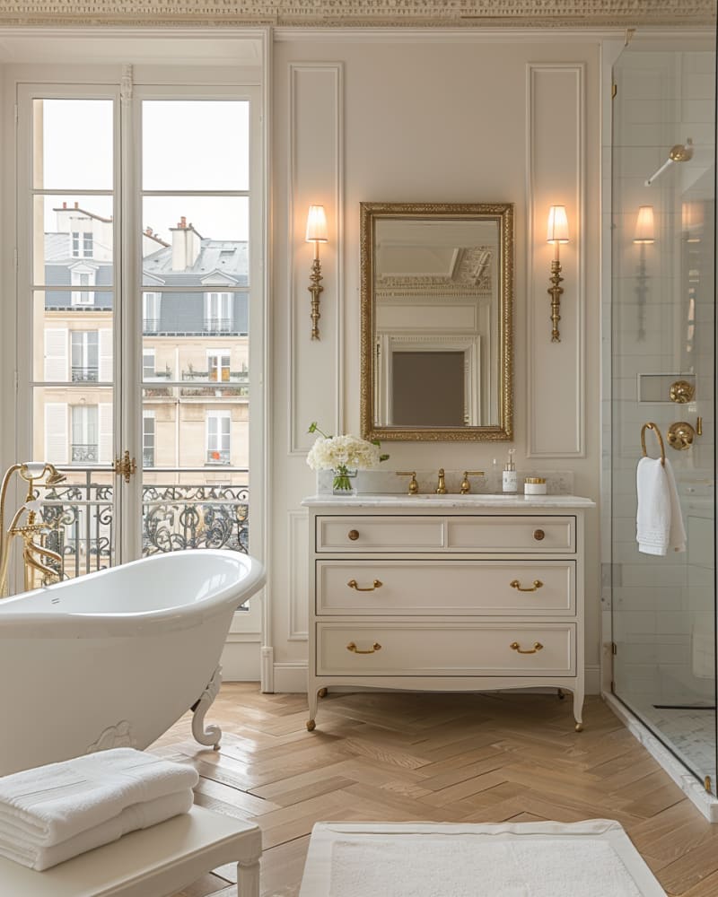 Luxurious Parisian bathroom with clawfoot tub, gold accents, marble vanity, and floor-to-ceiling windows overlooking rooftops