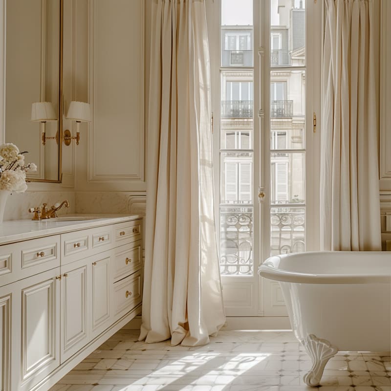 Luxurious Parisian bathroom with clawfoot tub, marble vanity, brass fixtures, and floor-to-ceiling windows with ornate ironwork