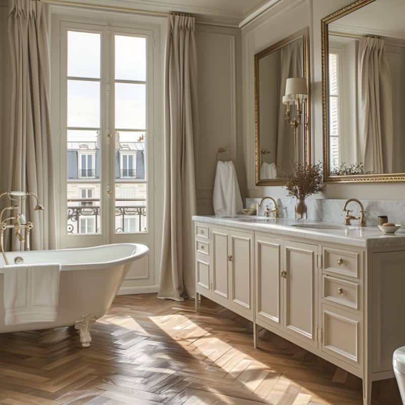 Luxurious Parisian bathroom with clawfoot tub, marble vanity, gold fixtures, and French windows overlooking rooftops