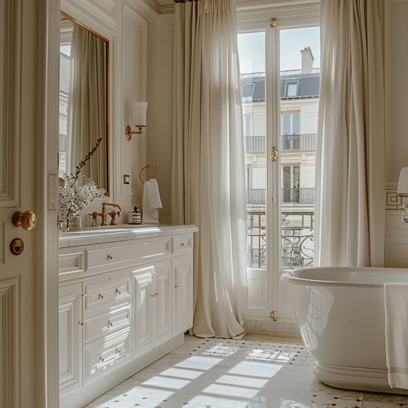 Luxurious Parisian bathroom with freestanding tub, brass fixtures, custom vanity, and herringbone marble floors bathed in natural light