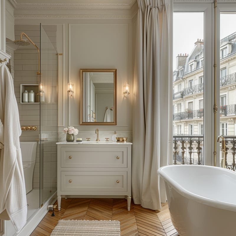 Luxurious Parisian bathroom with freestanding tub, brass fixtures, herringbone floors, and floor-to-ceiling windows overlooking classic architecture