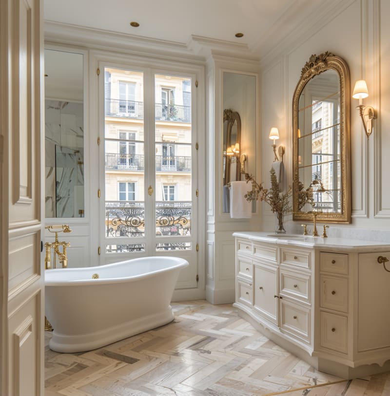 Luxurious Parisian bathroom with freestanding tub, gold accents, marble floors, and ornate gilt mirror overlooking classic balconies
