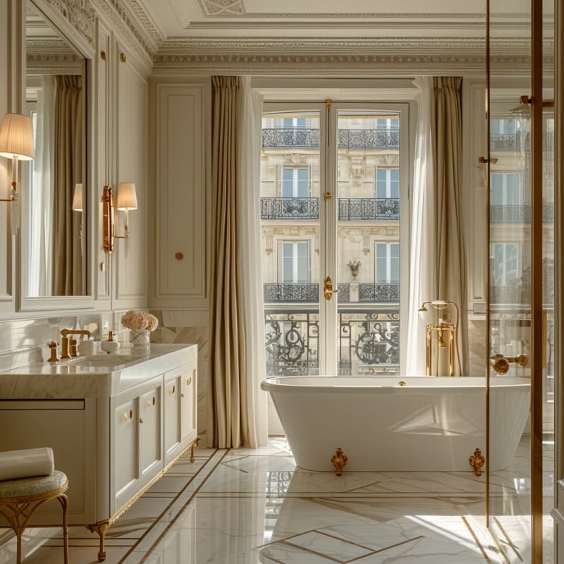 Luxurious Parisian bathroom with freestanding tub, marble floors, brass fixtures, and French windows overlooking classic architecture