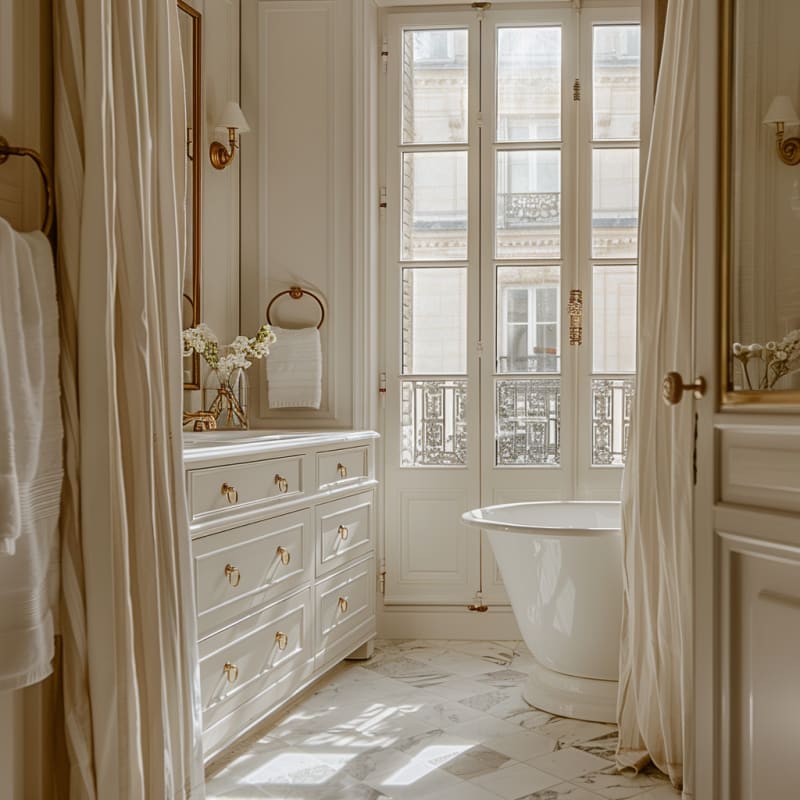 Luxurious Parisian bathroom with freestanding tub, marble floors, brass hardware, and floor-to-ceiling French windows bathed in natural light