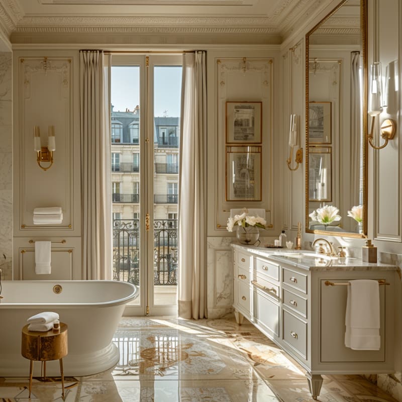 Luxurious Parisian bathroom with freestanding tub, marble floors, gold accents, and floor-to-ceiling windows overlooking classic architecture
