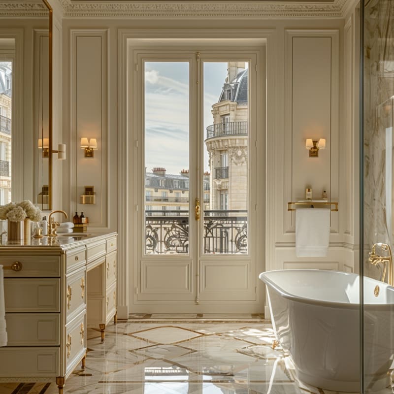 Luxurious Parisian bathroom with freestanding tub, marble floors, gold accents, and French windows overlooking historic architecture