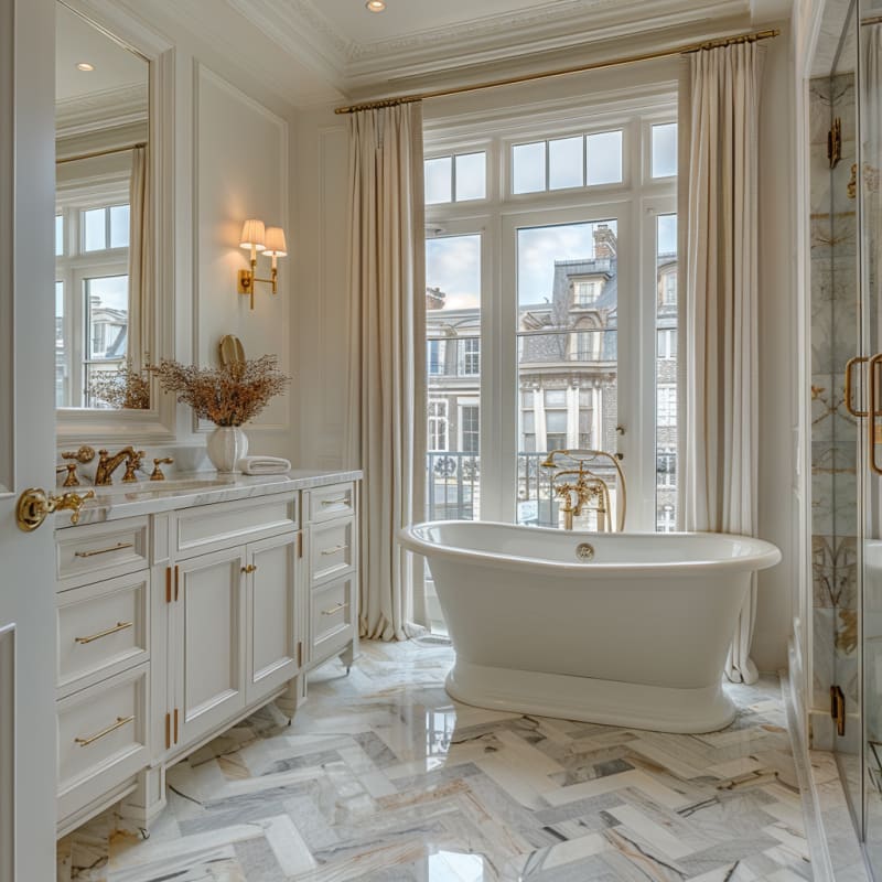 Luxurious Parisian bathroom with freestanding tub, marble herringbone floors, brass fixtures, and floor-to-ceiling windows overlooking city