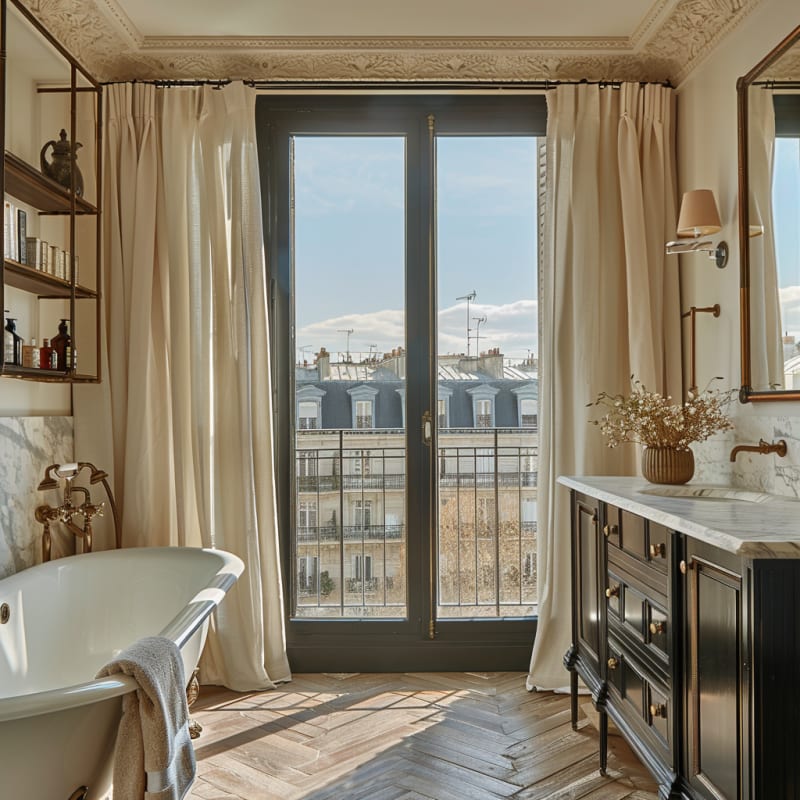 Luxurious Parisian bathroom with freestanding tub, marble vanity, brass fixtures, and panoramic view of historic rooftops