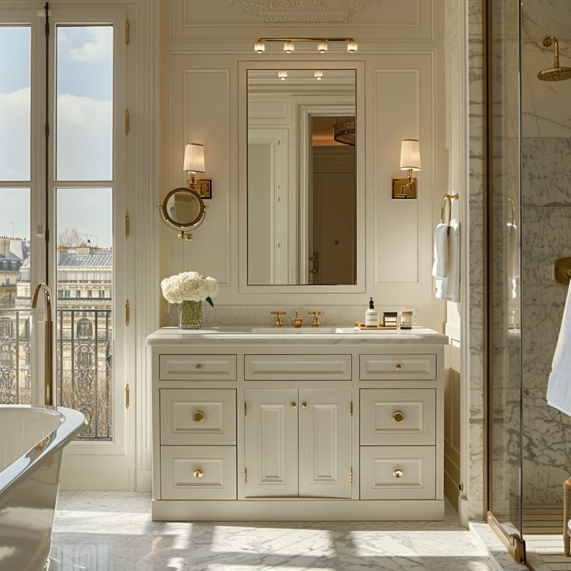 Luxurious Parisian bathroom with marble floors, brass fixtures, custom vanity, and floor-to-ceiling windows overlooking city