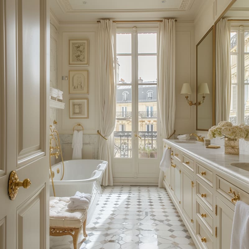 Luxurious Parisian bathroom with marble floors, brass fixtures, freestanding tub, and floor-to-ceiling windows overlooking classic architecture