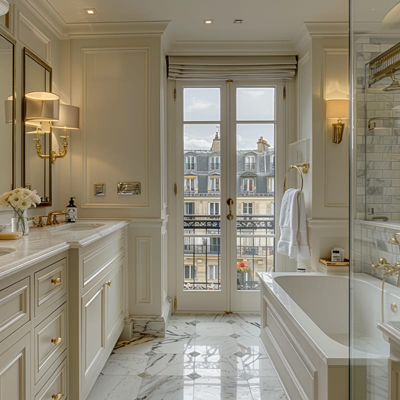 Luxurious Parisian bathroom with marble floors, brass fixtures, panel moldings, and French windows overlooking mansard roofs