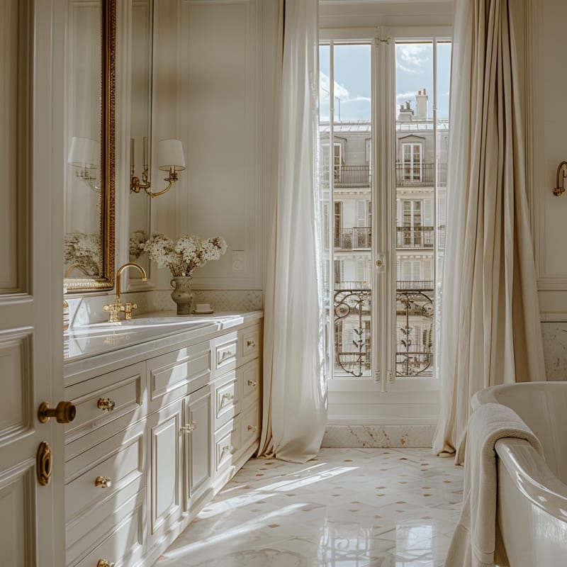 Luxurious Parisian bathroom with marble floors, brass hardware, custom vanity, and French windows overlooking classic architecture