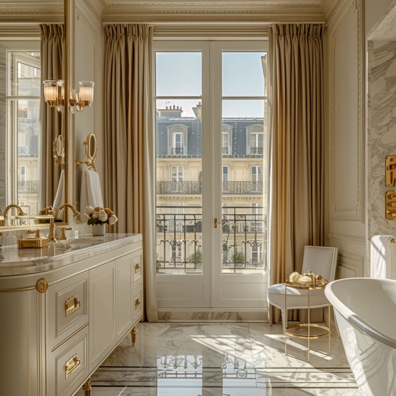 Luxurious Parisian bathroom with marble floors, brass hardware, French windows, and elegant freestanding bathtub overlooking classic architecture