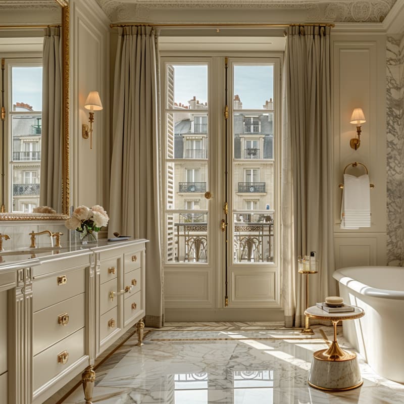 Luxurious Parisian bathroom with marble floors, brass hardware, French windows, and elegant white vanity overlooking classic architecture