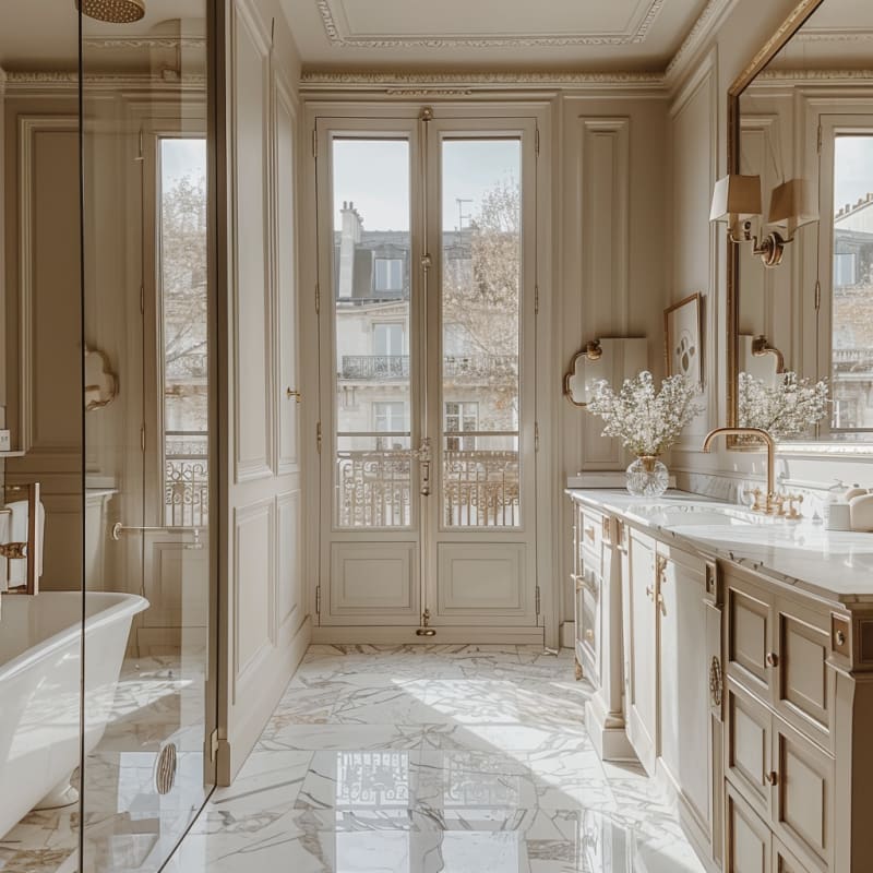 Luxurious Parisian bathroom with marble floors, French doors, brass fixtures, and custom built-in vanity overlooking classic balcony
