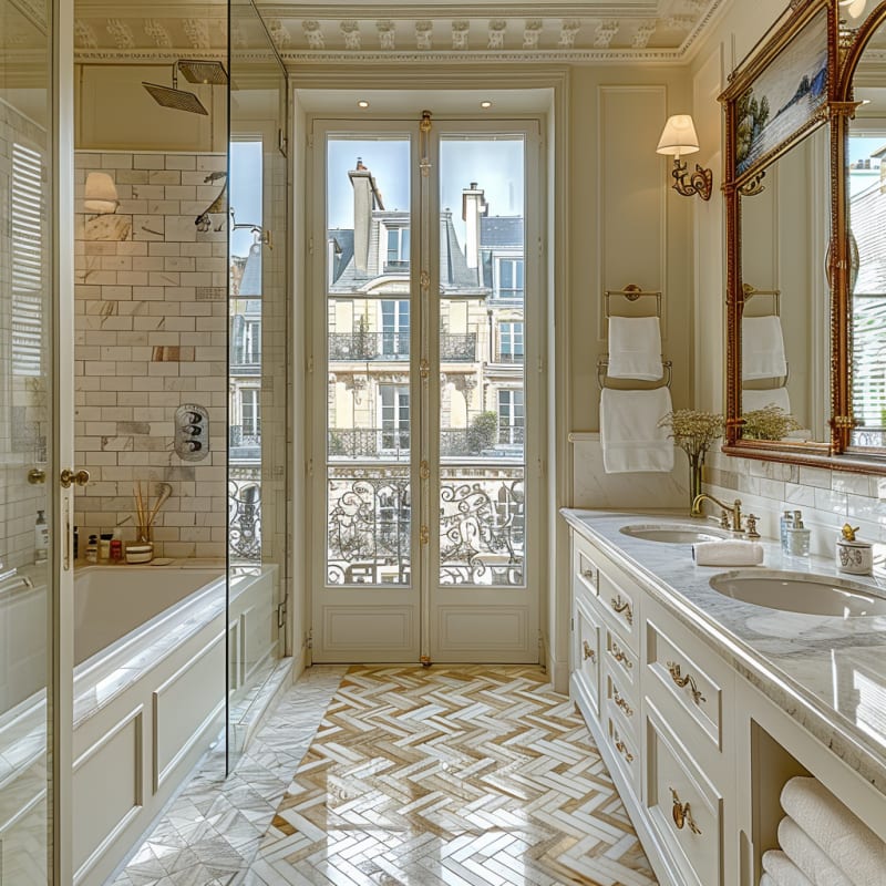 Luxurious Parisian bathroom with marble herringbone floors, French windows, brass fixtures, and classic white cabinetry