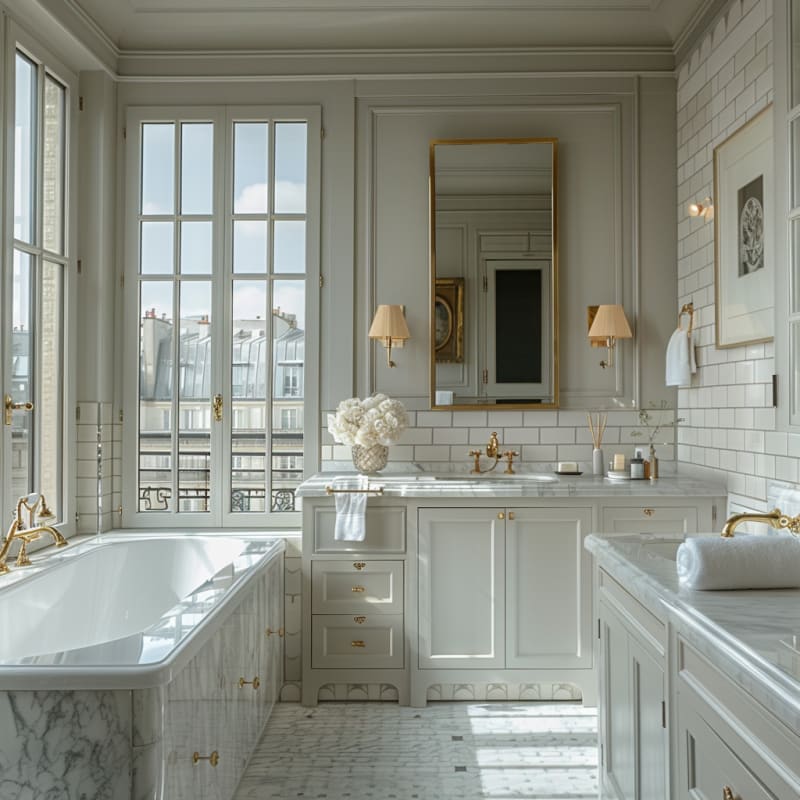 Luxurious Parisian bathroom with marble surfaces, brass fixtures, floor-to-ceiling windows, and classic white cabinetry