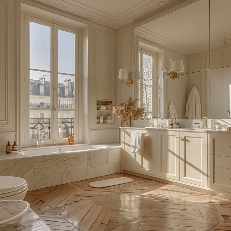 Luxurious Parisian bathroom with marble tub, herringbone floors, brass fixtures, and floor-to-ceiling windows bathed in natural light