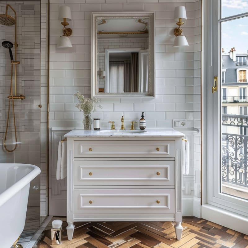 Luxurious Parisian bathroom with marble vanity, brass fixtures, herringbone floors, and classic white subway tiles